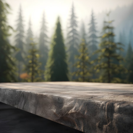 Empty table for product display montages with coniferous forest backgroundの素材