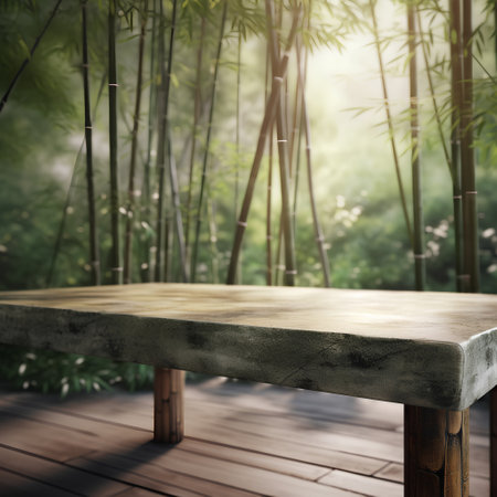 Empty table for product display montages with bamboo forest background, product displayの素材