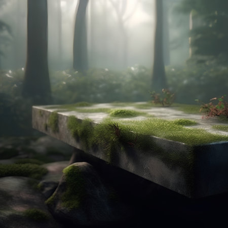 Wooden bench in the forest with green moss and foggy backgroundの素材