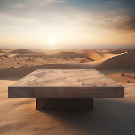 Wooden table in the desert. 3D render. Sunset.の素材