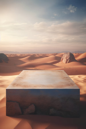 Empty stone podium in the desert. 3d render. Abstract background.の素材