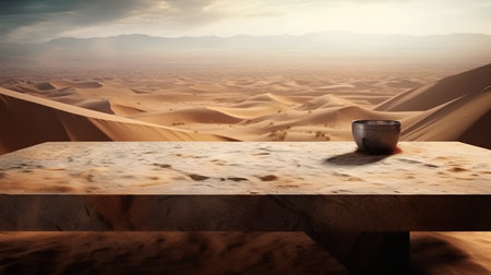 wooden table in the desert with sand dunes and cup of coffeeの素材