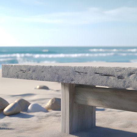 Wooden bench on the beach with sea in the background. 3d renderingの素材