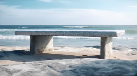 Bench on the beach, shallow depth of field with ocean in the backgroundの素材