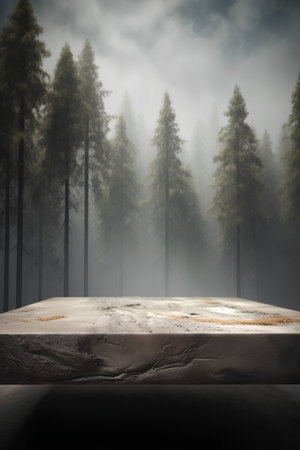 Empty table for product display montages with foggy forest in backgroundの素材
