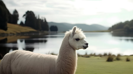 Alpaca on a lake in South Island, New Zealand.の素材