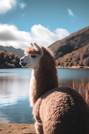 Alpaca at the lake, Peru, South America. Toned.の素材