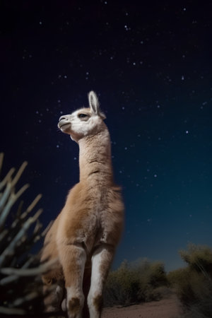 Llama in the desert at night with starry sky.の素材