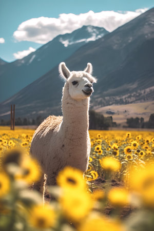 Llama in the sunflower field, Chile, South Americaの素材