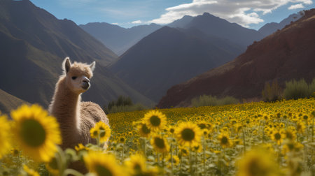 Llama in a sunflower field with mountains in the backgroundの素材