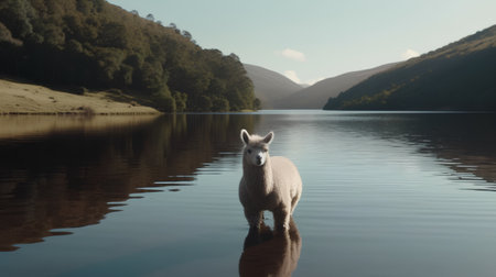 Alpaca in the lake, Lake District, Cumbria, Englandの素材
