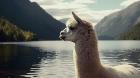 Llama on the shore of a lake with mountains in the backgroundの素材