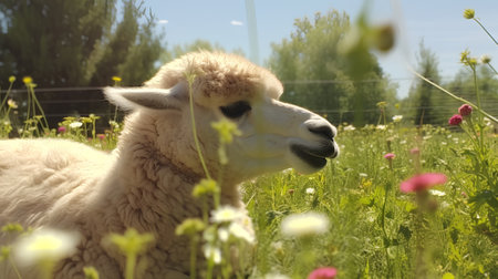 Cute alpaca in the meadow with daisiesの素材