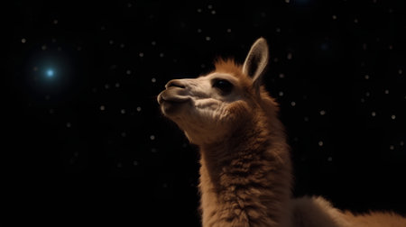 Portrait of an alpaca on a dark background with starsの素材