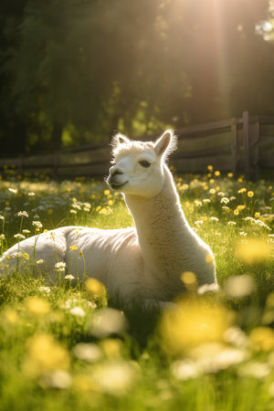 Alpaca in a meadow with dandelions at sunsetの素材