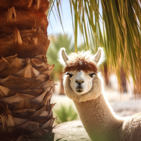 Portrait of alpaca with palm tree in the background.の素材