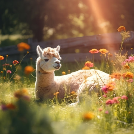 Cute alpaca in the meadow with flowers at sunsetの素材