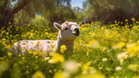 Alpaca in a field of yellow flowers in the summer.の素材