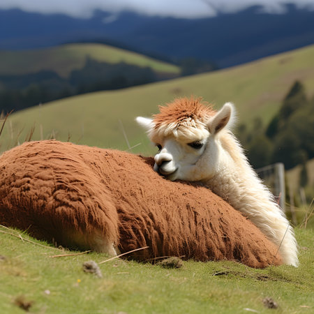 Llama, Vicugna pacos, resting in the mountains.の素材