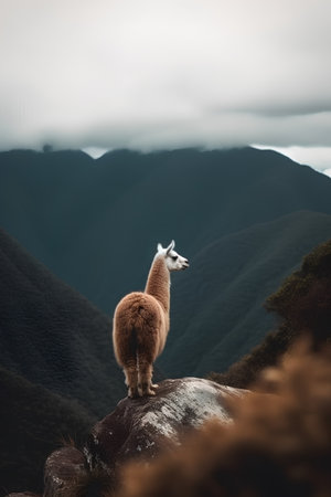 Llama on a rock in the Andes mountains, Peruの素材