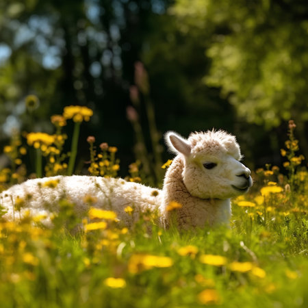 Alpaca in a meadow with yellow dandelions.の素材