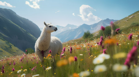 Alpaca in the meadow with flowers and mountains in the backgroundの素材