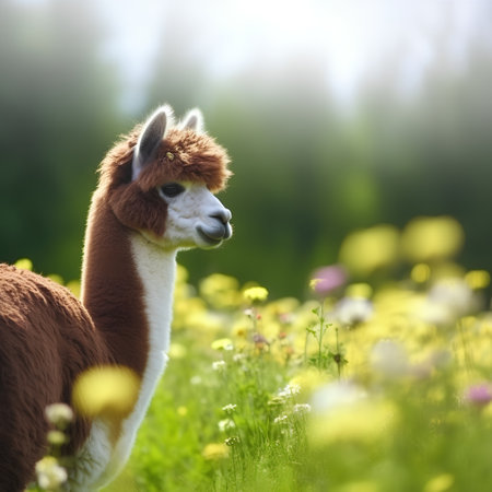 Llama on a meadow with yellow flowers and green grassの素材