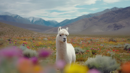 Alpaca in the meadow with colorful flowers and mountains in backgroundの素材