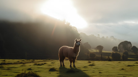 Llama in the meadow at sunrise, South Wales, UKの素材