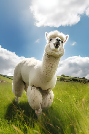 Alpaca on a green meadow with blue sky and white cloudsの素材