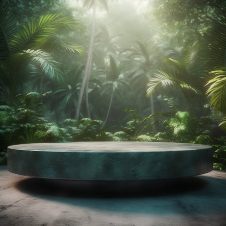 Empty round stone platform in tropical jungle background. 3D Renderingの素材
