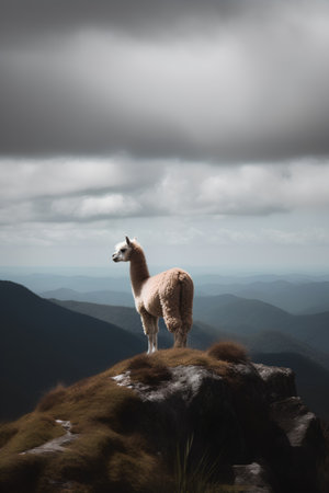 Llama on the mountain top with dramatic cloudy sky background.の素材