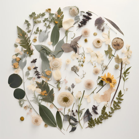 Flowers composition. Dried flowers, leaves and plants on white background. Flat lay, top viewの素材