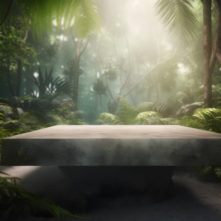 Empty top of stone table in tropical forest. Mock up, 3D Renderingの素材