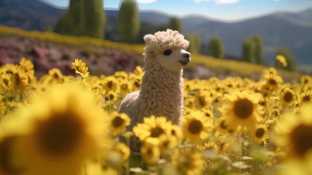 Llama in a sunflower field with mountains in the backgroundの素材