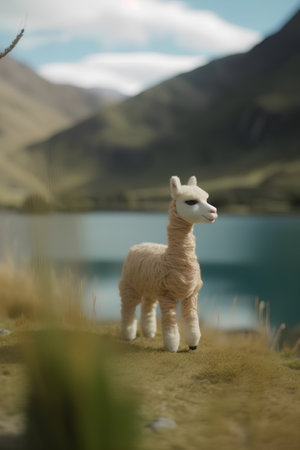 Llama standing on a grassy hillside with a lake in the backgroundの素材