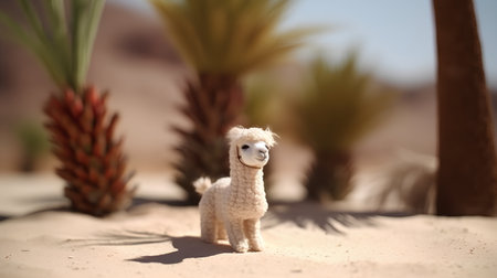 Llama figurine in the desert. Selective focus.の素材