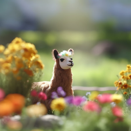Cute Alpaca in the garden with colorful flowers in the backgroundの素材