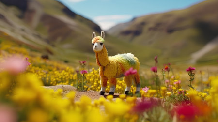 Llama in a meadow of yellow and pink flowers.の素材