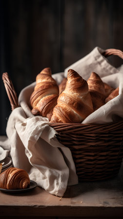 Freshly baked croissants in a basket on a wooden backgroundの素材