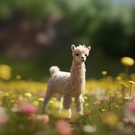 Cute alpaca standing in a field of dandelionsの素材