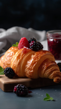 Freshly baked croissant with berries and jam on dark backgroundの素材