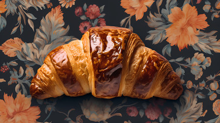 Croissants on a dark background with flowers. Seamless pattern.の素材
