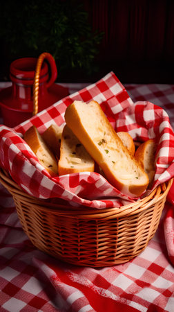 Bread with butter and herbs in a basket on a wooden backgroundの素材