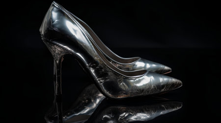 Pair of silver high heel women shoes isolated on black background.の素材