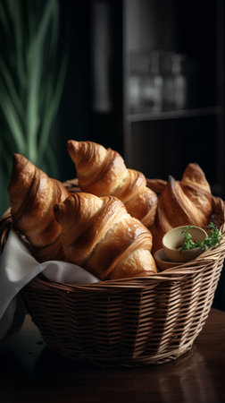 Freshly baked croissants in a basket on a dark background.の素材