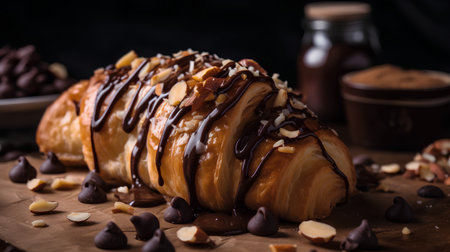 Croissant with chocolate glaze and almonds on a dark backgroundの素材