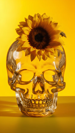Human skull with sunflower on yellow background. Halloween concept. 3D Renderingの素材