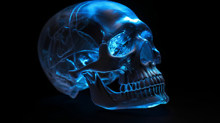 Human skull in blue light on black background. 3D illustration.の素材