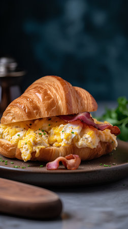 Croissant sandwich with scrambled eggs and bacon on dark background.の素材